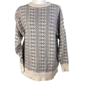 Vintage Fair Isle Sweater 100% Cotton Pullover Crewneck Size Large Gray White